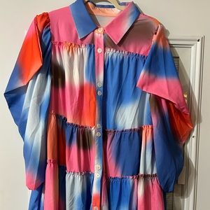 Multi-color Button-up Puff Sleeves Dress Top XL